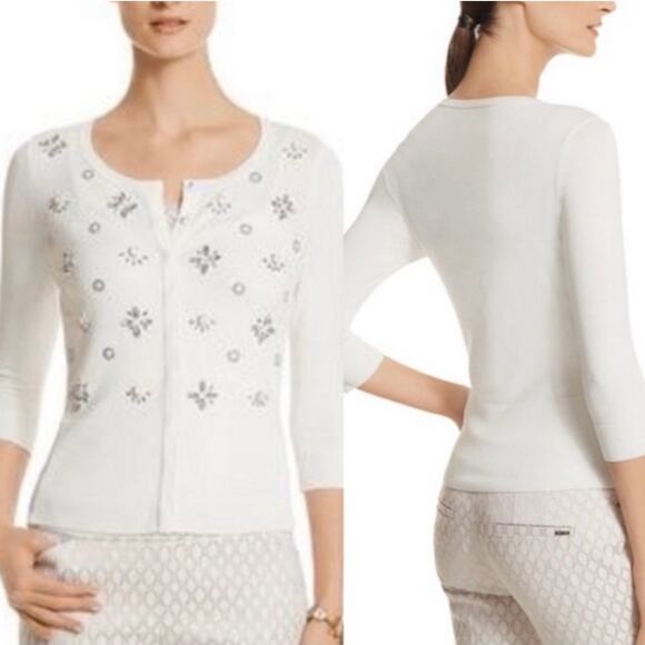 White House Black Market WHBM White Cream Embellished Crystal Cardigan M NWOT - Picture 1 of 8